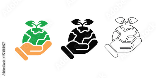 Hand holding planet earth with growing sprout, symbolizing environmental protection and eco-friendly growth