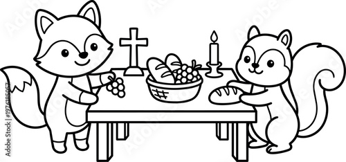 Cute fox and squirrel sharing bread and grapes at table with cross and candle line art