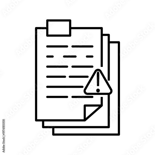 Minimal outline icon of stacked documents with warning symbol representing file issues, document alert, report errors, and administrative review