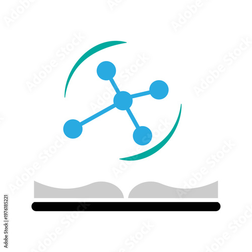 Outline icon illustration of open book with connected nodes representing digital learning, online education, and knowledge sharing.