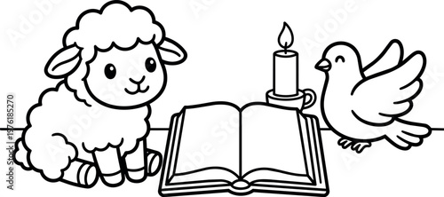 Lamb with open book candle and dove