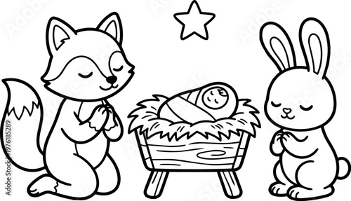 Black and white line art praying fox rabbit and baby in manger with star