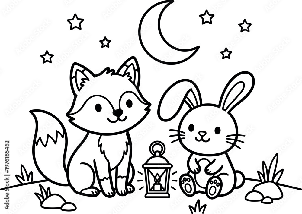 Obraz premium Black and white line art fox and rabbit sitting with lantern under crescent moon and stars