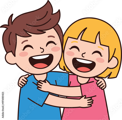 Happy children hugging each other, friendship love cartoon illustration emotional bonding care concept isolated design