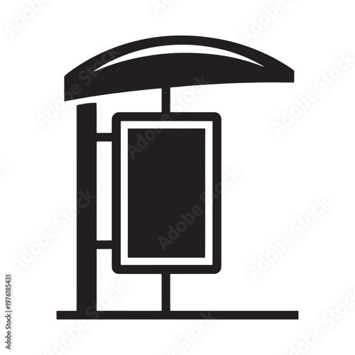Simple black and white icon of a bus stop with a shelter