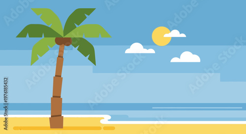 Palm tree on sandy beach shore.