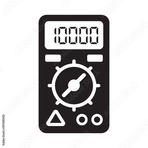 A black and white illustration of a digital multimeter with a display