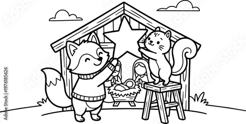Black and white line art fox and squirrel placing star on nativity scene stable