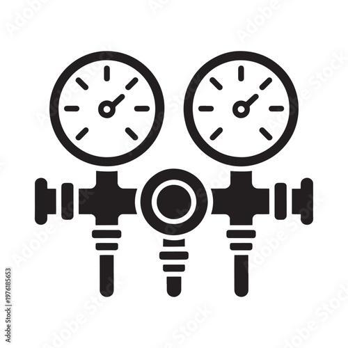 Black and white illustration of dual pressure gauges with central valve
