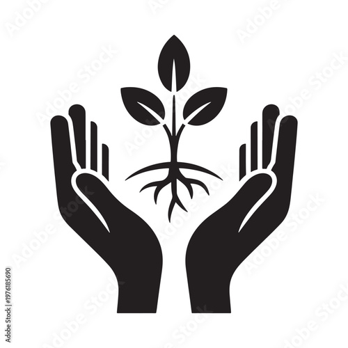 Hands gently cradling a young plant with visible root system