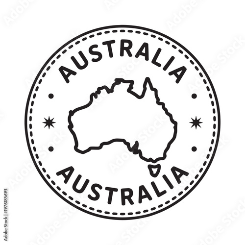 Simple black and white illustration of australia s map within a circular stamp