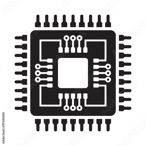 A black and white illustration of a microchip with visible circuitry