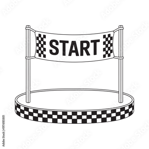 A black and white illustration of a start line with a checkered flag banner