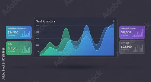SaaS analytics dashboard interface with data visualization charts metrics and performance insights for business growth and digital marketing analysis.