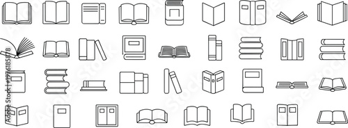 Comprehensive collection of book line icons featuring open textbooks stacks of literature and educational symbols for library school and reading.