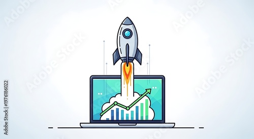 Startup growth concept with rocket launching from laptop screen representing business success analytics progress innovation digital marketing strategy.