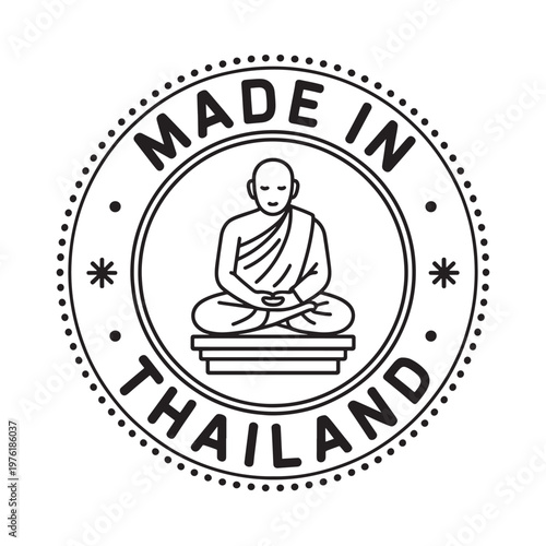A black and white circular seal featuring a meditating buddhist monk and text