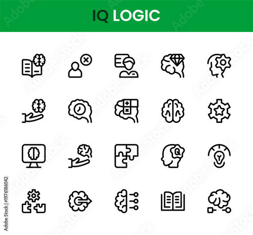 IQ logic icon set. Modern flat IQ logic professional line icon bundle, intelligence symbols, logical thinking visuals, brain training icons, structured cognitive design set