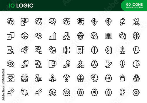 IQ logic icon set. Professional sleek IQ logic modern line icon bundle, intelligence symbols, logical brain visuals, reasoning icons, premium cognitive graphic elements