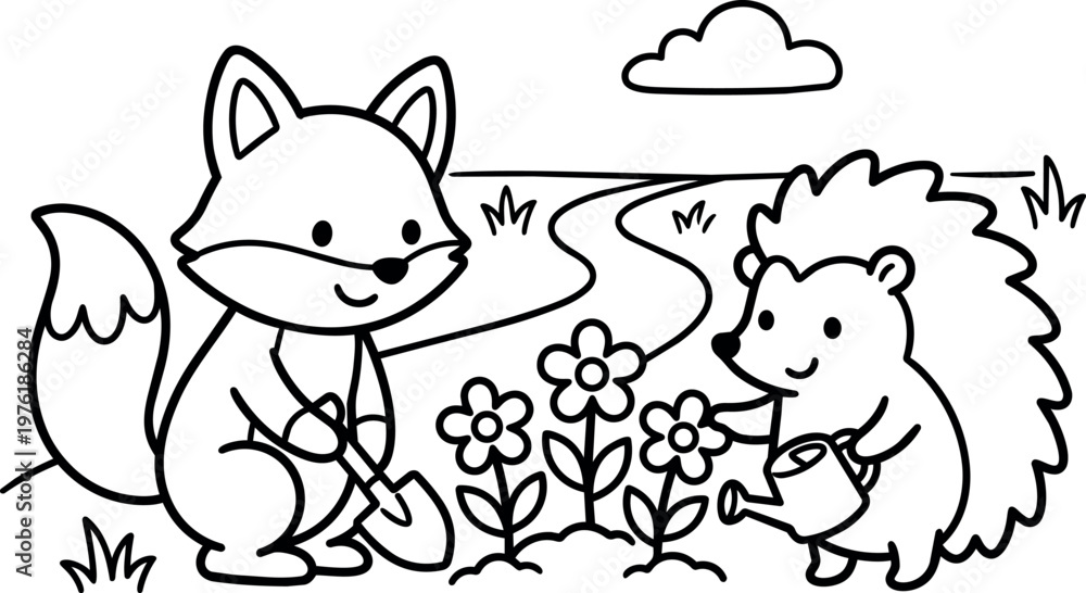 Obraz premium Black and white line art fox digging and hedgehog watering flowers in garden