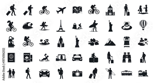 Diverse icons representing various travel and transportation modes and activities Vector