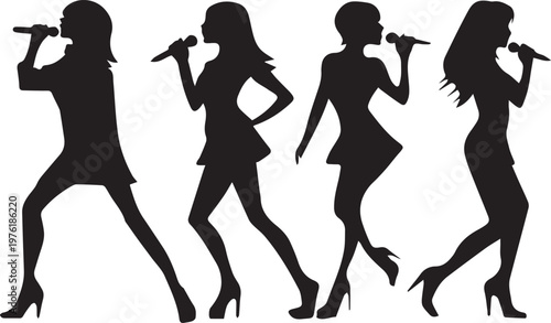 Female singer silhouettes performing with microphones isolated vector illustration music performance concept
