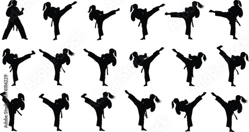 Comprehensive collection of female martial arts silhouettes featuring karate woman performing various high kicks and fighting stances for professional sports.
