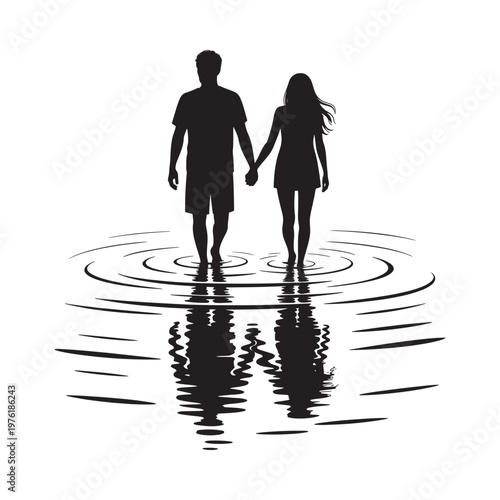 Silhouette of a couple holding hands walking through shallow water