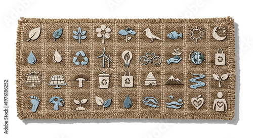 Vibrant woven tapestry featuring diverse symbolic icons and patterns. Vector