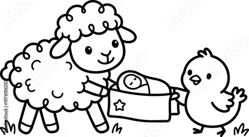 Cute sheep and chick carrying baby in blanket vector art