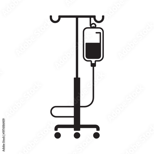Simple black and white icon of a hospital iv drip stand