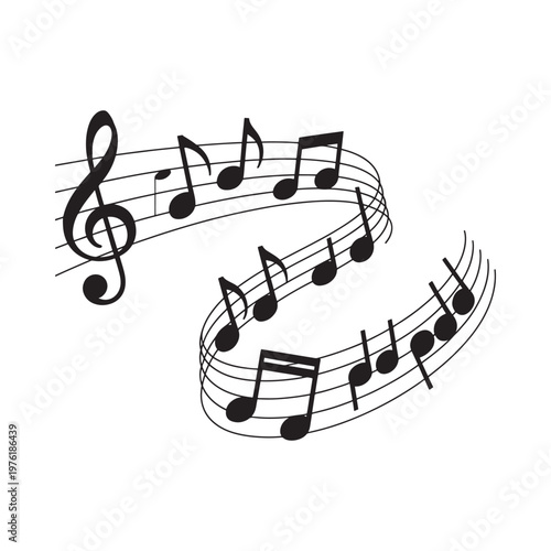 Black musical notes and staff swirling in a dynamic artistic arrangement