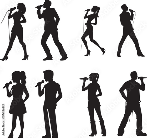 Female singer silhouettes performing with microphones isolated vector illustration music performance concept