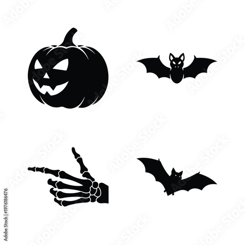 Halloween icons featuring jack o lantern bat skeleton hand pointing and flying bat silhouette graphic