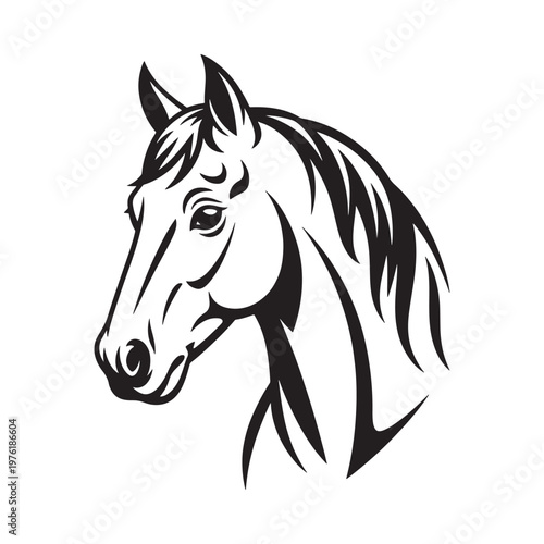 Stylized black and white illustration of a horse s head and neck