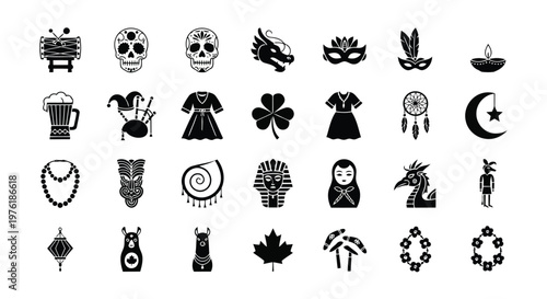 Diverse collection of symbolic icons representing cultural and thematic motifs Vector