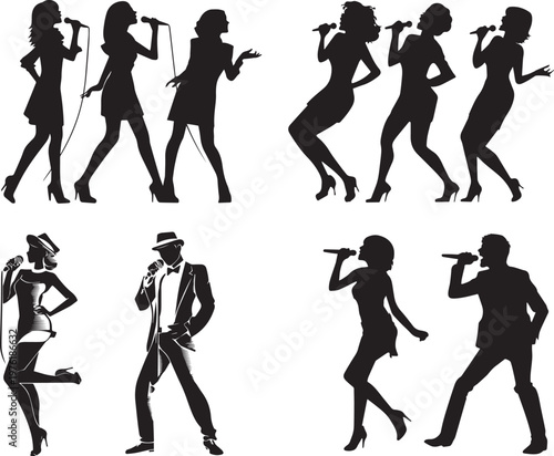 Female singer silhouettes performing with microphones isolated vector illustration music performance concept