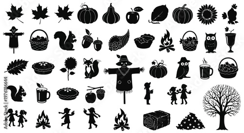Autumn harvest and halloween icon collection featuring seasonal symbols and characters Vector