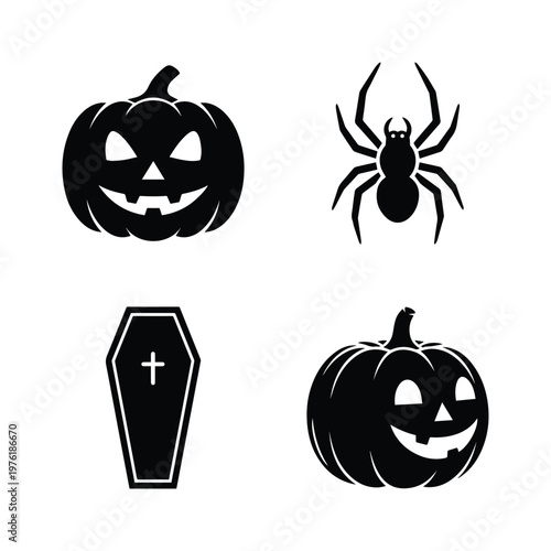 Set of four black halloween vector icons showing a jack o lantern spider coffin and a smiling pumpkin
