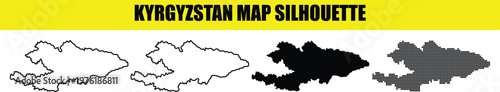 Kyrgyzstan map silhouette compilation containing four specific styles including stroke outline and halftone dotted patterns.