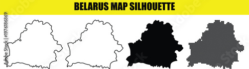 Belarus map silhouette pack including minimalist line art solid black shapes and digital halftone pointillism style vectors.