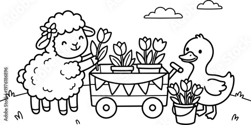Black and white line art lamb holding tulip near duck with flower wagon