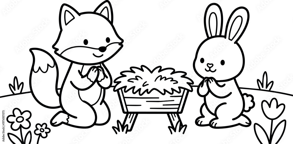 Obraz premium Black and white line art fox and rabbit praying beside manger with flowers