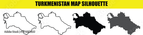 Turkmenistan map silhouette graphics including solid black filled shape minimalist outline and decorative halftone design.