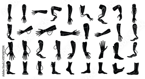 Historical and modern prosthetic limbs and orthotic devices illustrated in black and white Vector
