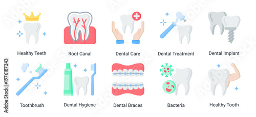 Oral Hygiene icon set featuring cleaning tools,healthy teeth and dental care elements suitable for oral health and hygiene design projects