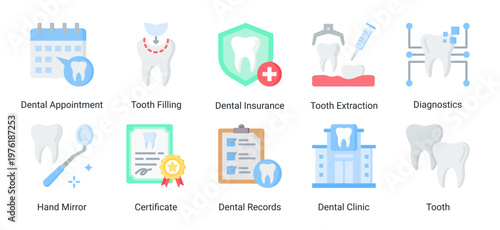 Dental Treatment icon set including appointment,procedures and dental clinic elements suitable for healthcare and medical service design