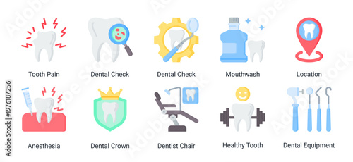 Dental Problems icon set representing oral issues,diagnostics and treatment support elements suitable for dental and healthcare design