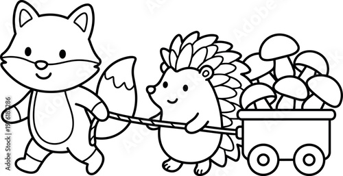 Cute fox pulling wagon full of mushrooms with happy hedgehog vector art