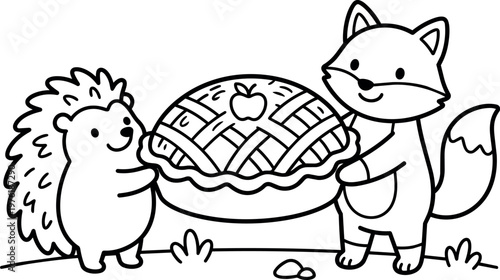 Cute hedgehog and fox holding apple pie line art vector illustration